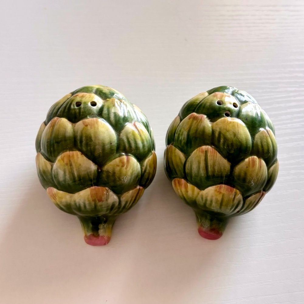 Vintage Green Artichoke Salt and Pepper Shakers - set of two